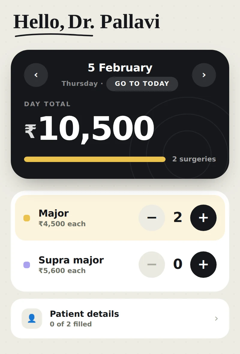 The Pal&rsquo;s Work app: the day's total above two tap-counters, one for major cases and one for supra-major