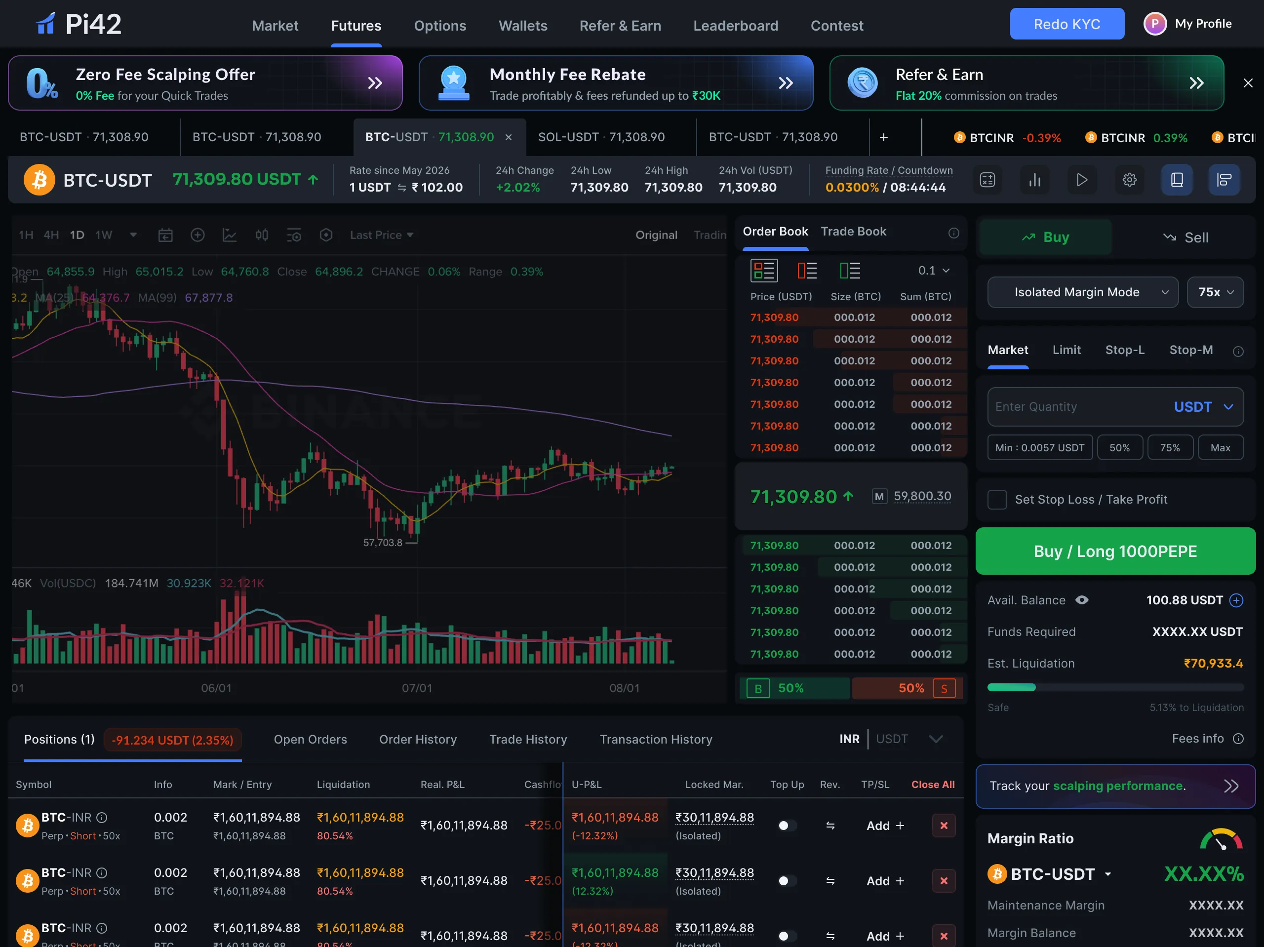 Pi42 futures trading terminal in dark mode — chart, order book, order entry and open positions